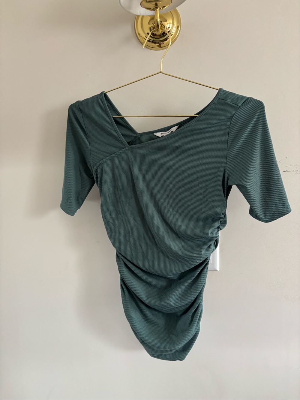 Nine West XS Sage Green Ribbed Ruched Asymmetrical Top